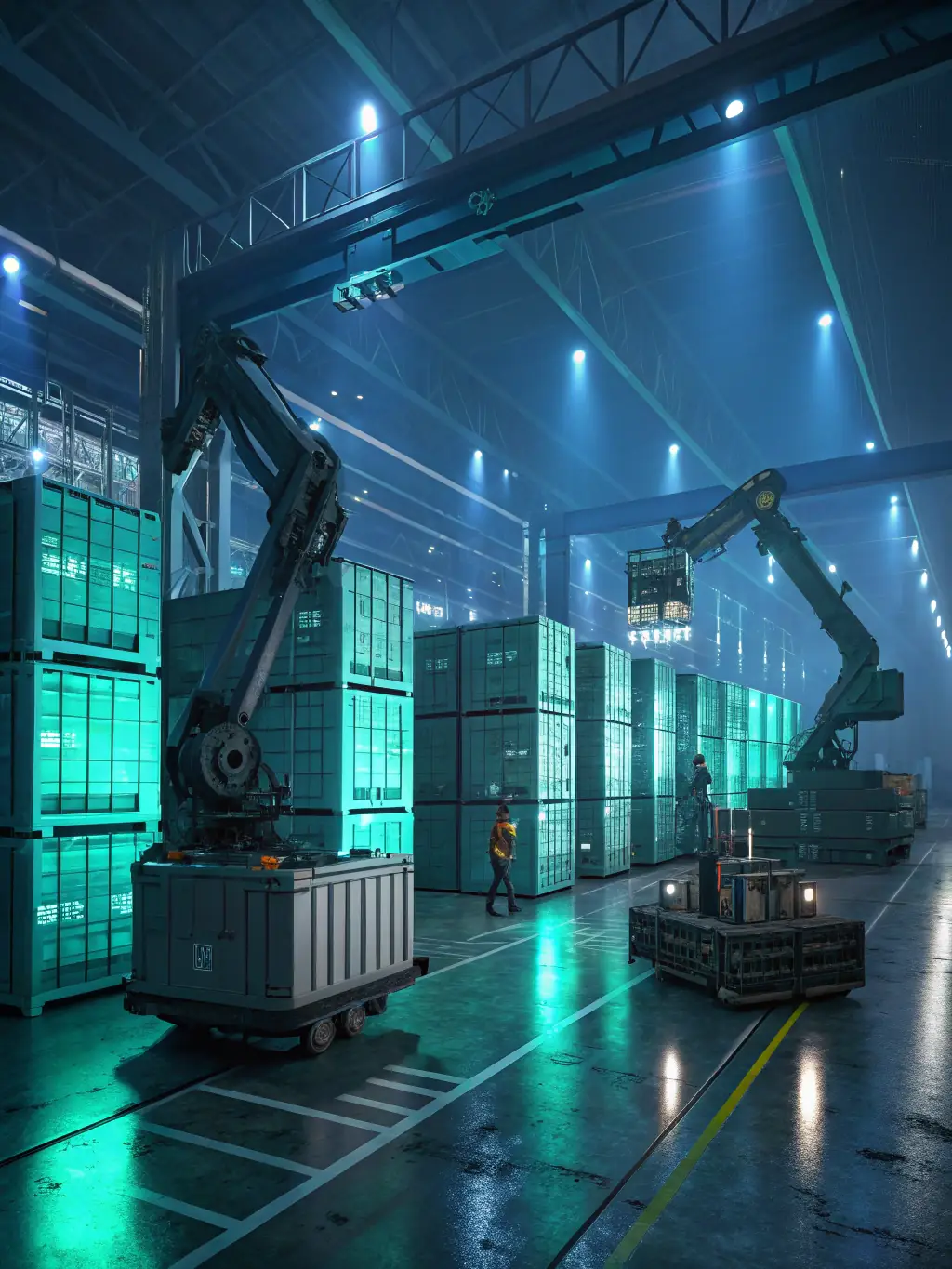 A futuristic graphic depicting robotic arms automating tasks in a warehouse, highlighting the speed and precision of automated systems.