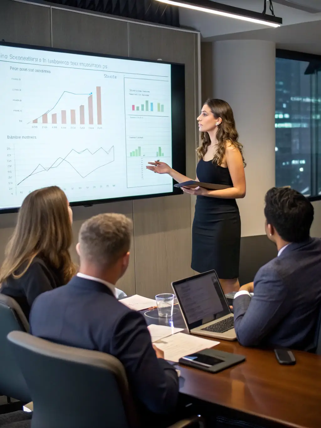 A professional photograph of a business analyst reviewing a complex process flow chart with team members in a modern office setting, emphasizing collaboration and analytical precision.